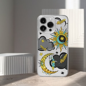 Sun Moon Clear iPhone Case, Gold Boho Stars Samsung Cover, Feathers Dream Catcher Clouds Sky Xiaomi Skin Pro Plus Ultra Lite Mini Max Note