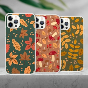 Aesthetic Autumn Phone Case, Cute Fun Mushroom Falling Leaf Green Cover for iPhone 14 13 15 16 Pro Max Samsung S23 S24 A13 A03 Xiaomi 110