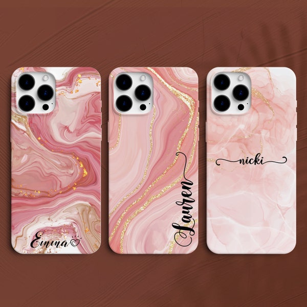 Custom Pink Marble Samsung Case, Personalised Name Initials iPhone 14 Cover, Fancy Gold Glitter Huawei, Pro Plus Ultra Lite Mini Max Note