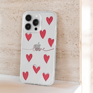 Hand Drawn Colorful Hearts Clear iPhone Pro 14 Case, Cute Minimalist Red Love Samsung Plus Silicone Cover, Red Line Art Minimal Xiaomi Skin