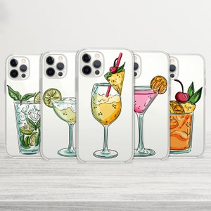 Fancy Cocktail Phone Case, Clear Hand Drawn Girly Posh Summer Drink Cover for iPhone 15 14 13 15 16 Pro Max Samsung S23 S24 A13 Xiaomi 158