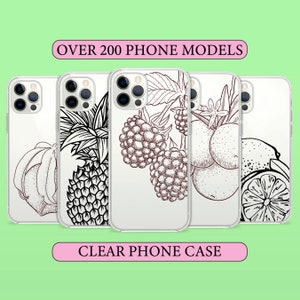 May include: Four clear phone cases with different fruit designs. The cases feature a pineapple, raspberries, lemons, and oranges. The text "OVER 200 PHONE MODELS" and "CLEAR PHONE CASE" are printed on the image.