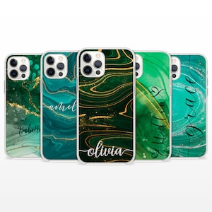 Personalised Green Marble Phone Case, Custom Name Initials Turquoise Cover for iPhone 14 13 15 16 Pro Max Samsung S23 S24 A13 A03 Xiaomi 65