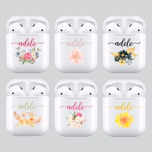 Gepersonaliseerde naam bloem hoesje voor Apple AirPod 1 2 3 Pro, aangepast monogram bloemen siliconen TPU Earpod doorzichtige hoes, kleurrijk zomer lente 150