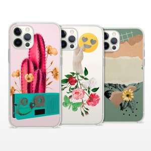 Colorful Collage Phone Case, Cactus Rose Flower Pink Green Trippy Fun Cover for iPhone 15 14 13 15 16 Pro Max Samsung S23 S24 A13 Xiaomi 140