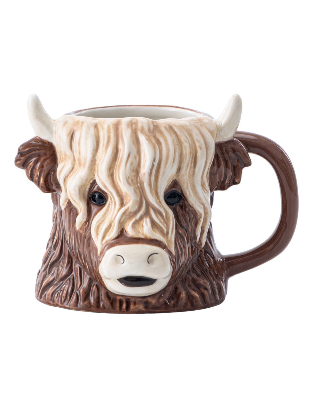 Highlands Cow Shaped Painted Mug | Farmhouse Animal Drinkware | Hand-Painted Ceramic Coffee & Tea Cup Christmas Birthday Gift