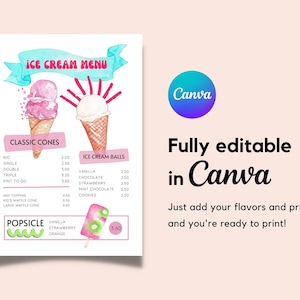 Ice cream editable menu | Ice cream menu Canva template | Price list ice cream truck | Editable DIY template price