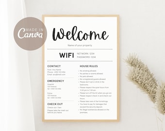 Airbnb 1 Page House Rules - Editable Airbnb welcome sign - Welcome Guide Canva template - Wifi sign template - Check Out Instruction Sign