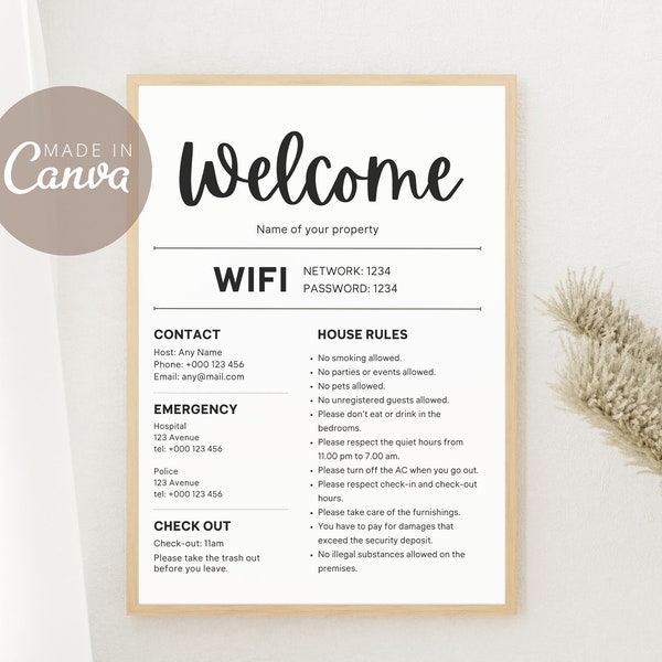 Airbnb 1 Page House Rules - Editable Airbnb welcome sign - Welcome Guide Canva template - Wifi sign template - Check Out Instruction Sign