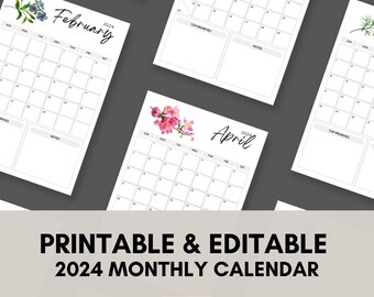 May include: Printable and editable 2024 monthly calendar with floral designs. The calendar features a simple layout with space for notes and top priorities. Shop now.