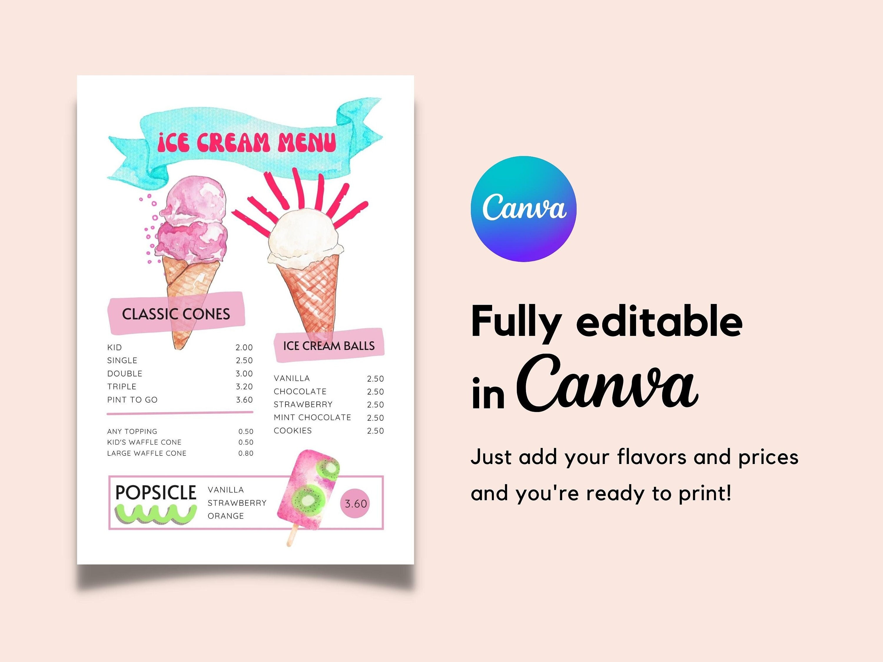 Ice Cream Editable Menu Ice Cream Menu Canva Template Price List Ice