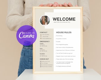 Modèle modifiable de règlement intérieur Airbnb - Guide de bienvenue et panneau Wi-Fi pour hôtes beiges - Personnalisable avec Canva