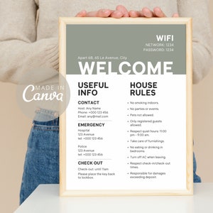 Airbnb 1 Strona Regulaminu Domu - Oliwkowo-zielony Edytowalny znak powitalny Airbnb - Przewodnik powitalny Szablon Canva - Szablon Wi-Fi - Znak Wymeldowania