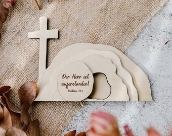 Resurrection scene Empty wooden tomb | He is risen | The Lord is risen