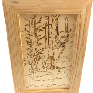 Wild Life Scene of a Buck in Woods, Wood Burned on 1/8&quot; Baltic Birch Plywood. Cypress Frame Captures the Wall Art.