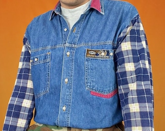 Vintage retro denim jeansshirt button-up overshirt preppy grunge flanel tartan geruite geruite ruit funky Amerikaanse VS westerse werkkleding 80s 90s