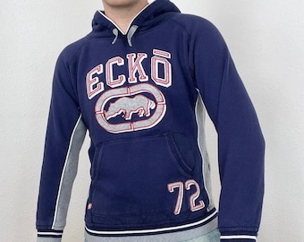 Vintage Ecko Hoodie Sweatshirt Embroidered Rhino Spellout Logo Graphic Print Retro Pullover Jumper Varsity Streetwear Skater Grunge 90s Y2K