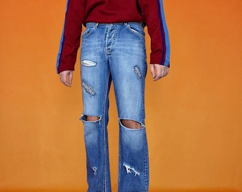 Vintage desgastado denim Jeans Teddy Smith Faded Wash Ripped Bootcut Pantalones Slim Retro Mid Rise Streetwear Grunge Boho 90s Y2K
