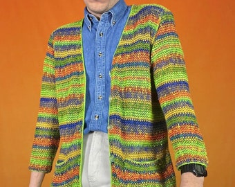 Cardigan en tricot au Crochet épais vintage Funky rétro rayé arc-en-ciel motif abstrait Boho coton boutonné pull été des années 90 Y2K