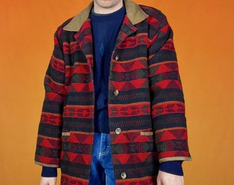 Vintage Aztec Wool Blanket Coat Eddie Bauer Chunky Knit Funky Retro Geometric Southwestern Navajo Pattern Barn Jacket Hippy Boho 80s 90s