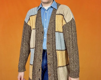 Vintage Retro Knitted Cardigan Funky Colourblock Pattern Textured Cable Knit Check Button Up Sweater Cottagecore Boho Granny Grunge 80s 90s