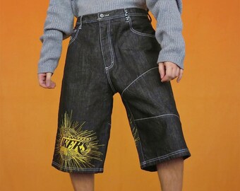 Vintage NBA Los Angeles Lakers Jorts Shorts UNK DENIM Baggy Baloncesto Hip Hop Skater bordado americano rodilla longitud pierna ancha Retro 90s