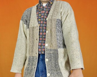 Vintage Patchwork Cable Knit Cardigan Chunky Funky Retro Hippy Boho Cottagecore Check Pattern Flecked Wool Button Up Sweater 90s Y2K