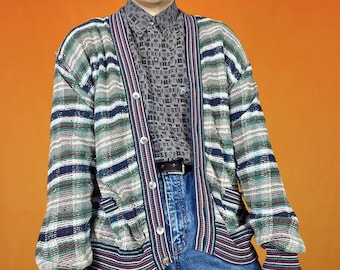 Vintage Tartan Check Knitted Cardigan Funky Retro Plaid Pattern Preppy Grunge Crazy Print V-Neck Button Up Sweater 80s 90s