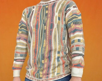 Vintage Coogi Style 3D Geometric Sweater Funky Abstract Striped Pattern Textured Chunky Knit Colourful Pastel Jumper Boho Granny 80s 90s