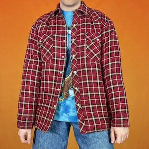 Op de afbeelding: Een rood en zwart geruit flanellen overhemd met witte knopen en twee borstzakken. Het overhemd wordt gedragen over een blauw t-shirt met een adelaarsafbeelding en een blauwe spijkerbroek.