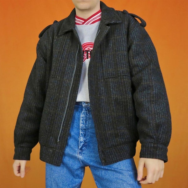 Vintage Wool Check Bomber Jacket Tartan Plaid Pattern Funky Retro Tweed Knit Quilted Winter Coat Preppy Grunge 80s 90s