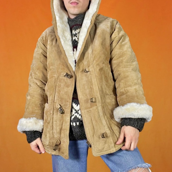 Parka à capuche en cuir suédé vintage manteau fausse fourrure polaire doublée sherpa veste d'hiver en peau de mouton retournée pompier fermoir boucle rétro des années 80 et 90