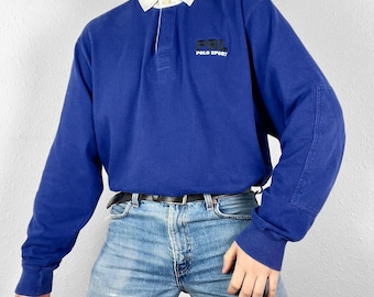 Vintage Ralph Lauren Polo Sport Rugby Shirt Quarter Button Up Collar Retro Preppy PRL Sweatshirt Pullover Cotton Knit Jumper Grunge 90s Y2K
