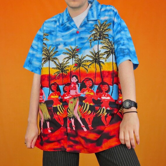 Vintage Funky Hawaiian Shirt Colourful Rainbow Gr… - image 1