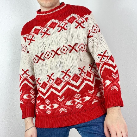 Vintage pull nordique en grosse maille jacquard funky motif