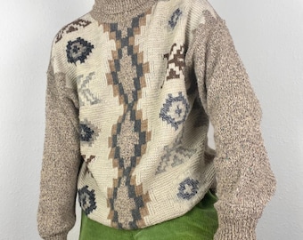 Suéter de cuello alto azteca vintage, jersey de lana de punto grueso, estilo retro, hippie, bohemio, geométrico, abstracto, estilo suroeste, cuello alto, grunge, años 80 y 90