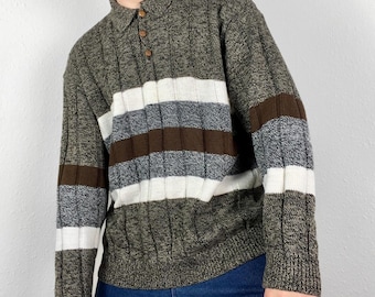 Vintage Striped Chunky Knit Sweater Collared Quarter Button Up Ribbed Jumper Oversized Grandad Grunge Preppy Colourblock Pattern Winter 90s