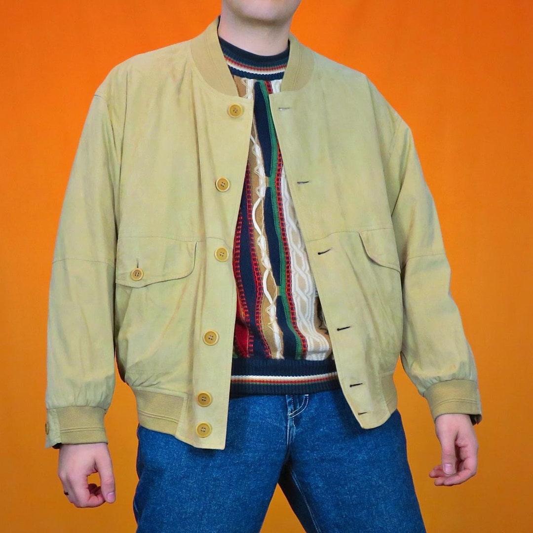 Vintage Real Suede Leather Bomber Jacket Button up Harrington Tartan Check Lined Grandad Grunge