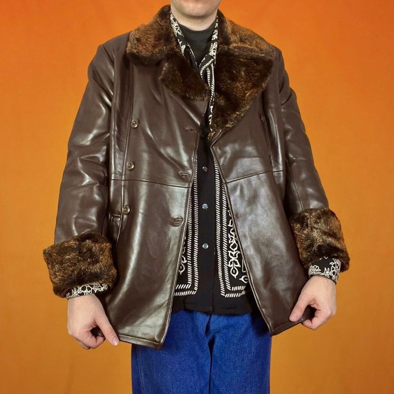Vintage Faux Leather Fur Jacket PVC Fleece Sherpa Shearling Lined 