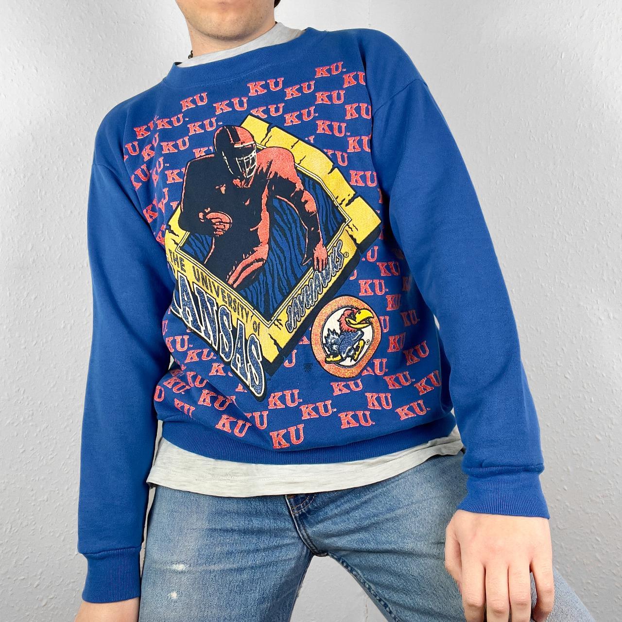 Vintage University of Kansas Jayhawks Graphic Sweatshirt Tultex American Football NFL Print Cotton Crewneck Jumper Sports Retro Grunge 90s