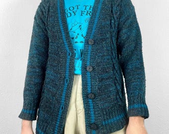 Vintage Retro Chunky Cardigan Cable Knit Pattern Wool Sweater Striped Varsity Preppy Grunge Boho Hippy Button Up Woven Jumper Granny 80s 90s