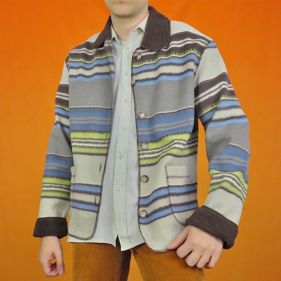 Vintage Striped Fleece Shirt Shacket Funky Retro … - image 1