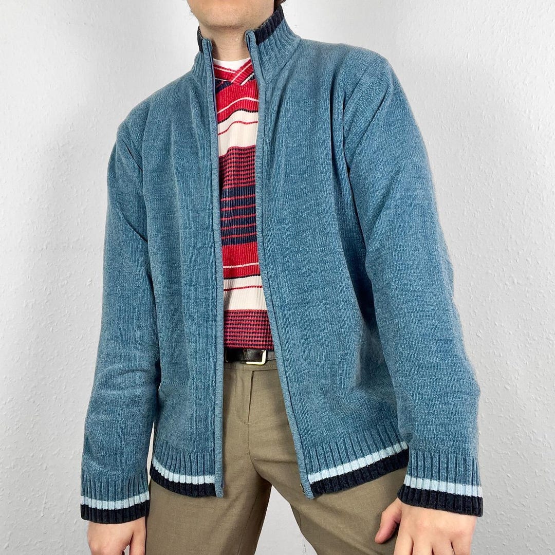 Outdated Jumpers Vintage Chenille Zip up Cardigan Striped Knitted Mock Neck Retro ...