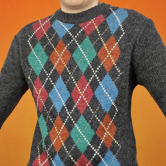 Vintage Argyle Pattern Sweater Knitted Mohair Cre… - image 2