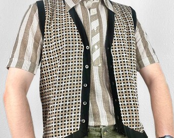 Vintage St Michael Knitted Sweater Vest Retro Geometric Check Pattern Funky Preppy V-Neck Button Up Jumper Waistcoat Abstract Print 70s 80s