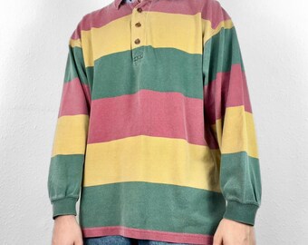 Vintage St Michael Striped Colourblock Rugby Polo Shirt Sweatshirt Quarter Button Up Collar Chunky Cotton Knit Top Grunge Preppy Retro 90s