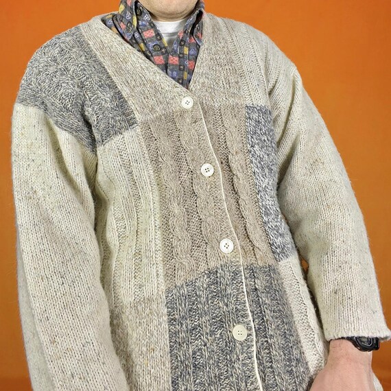 Vintage Patchwork Cable Knit Cardigan Chunky Funk… - image 2