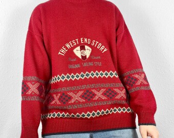 Suéter vintage de punto grueso West End Story, jersey de lana con cuello alto, estampado geométrico a rayas, estampado gráfico retro divertido con bordados y navegación, años 90