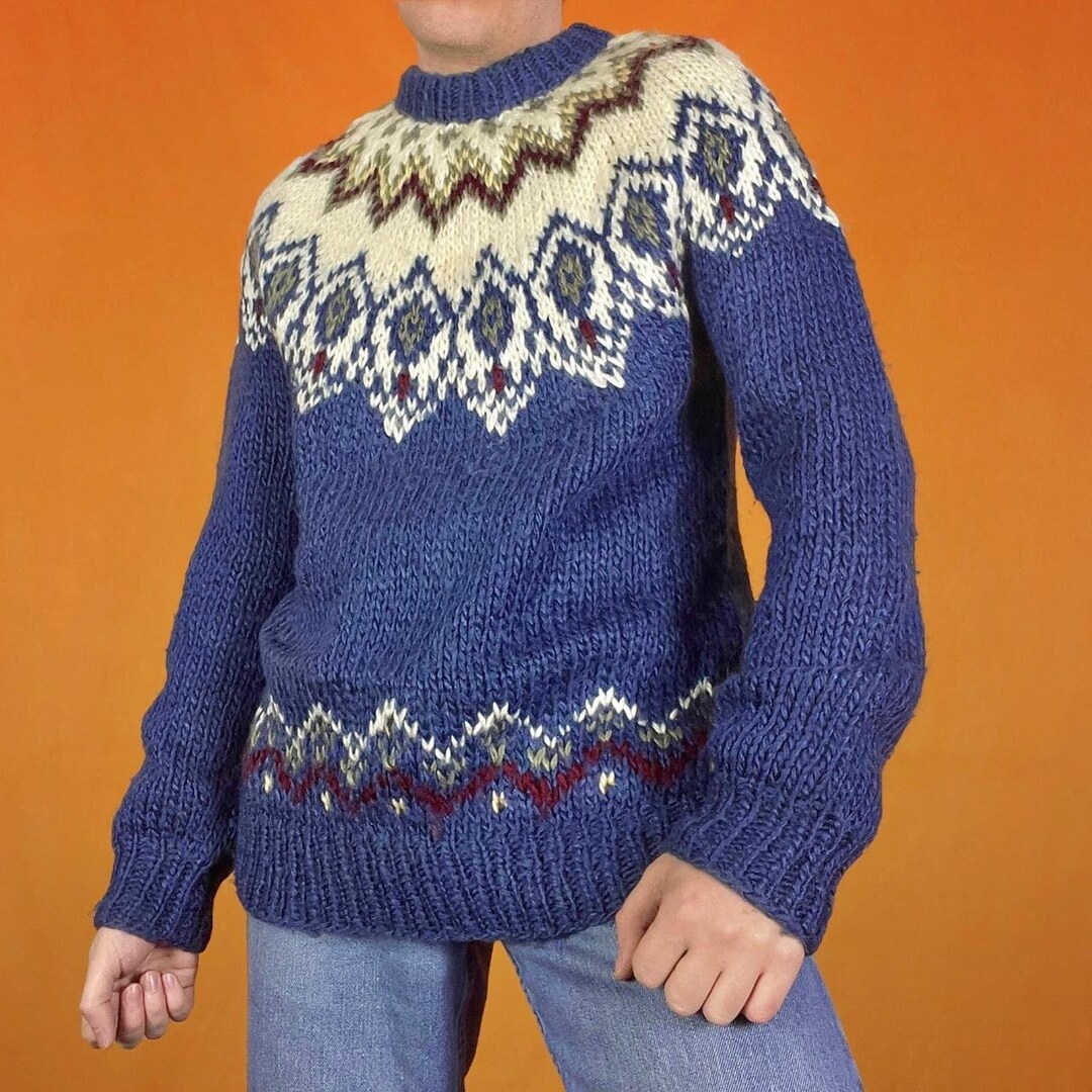Vintage Chunky Hand Knit Yoke Sweater Nordic Icelandic Cowichan