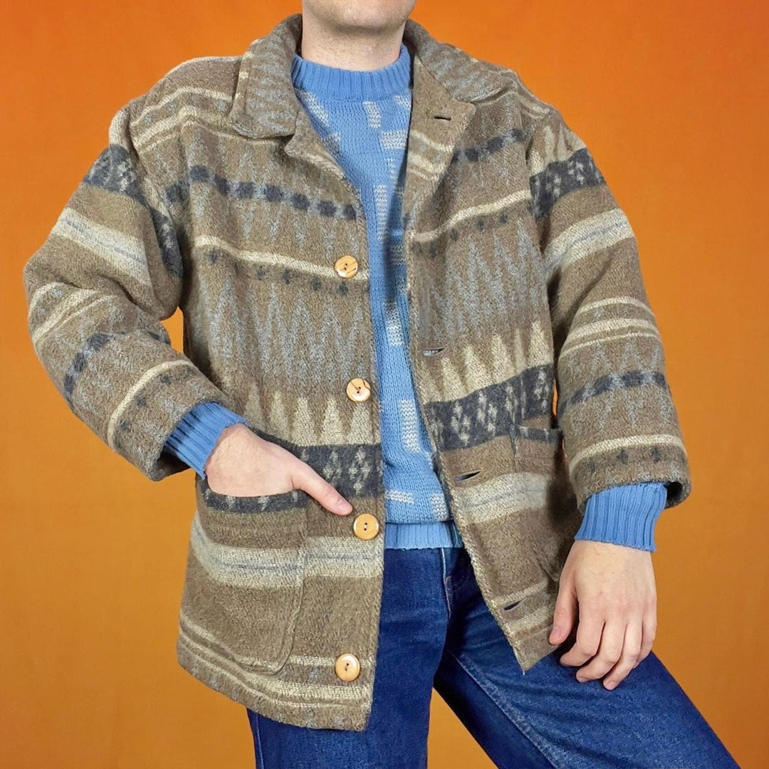 Vintage Wool Blanket Coat Chunky Knit Funky Retro Geometric Etsy